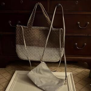 Woven leather XL tote in copper and grey with large pouch NWOT